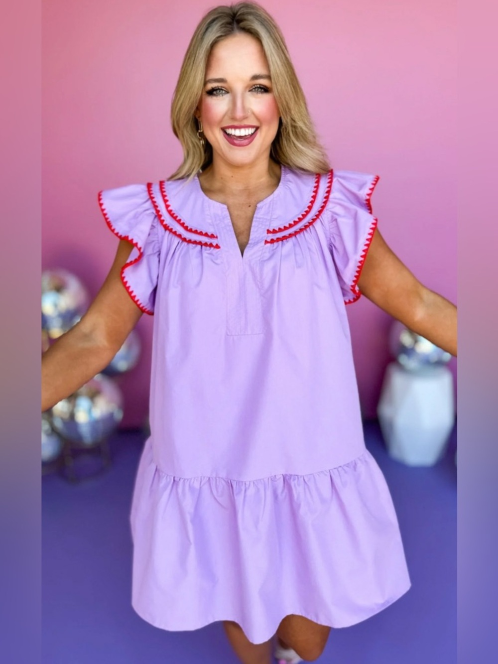 Lavender Midi ruffle Dress with embroidered Red Trim